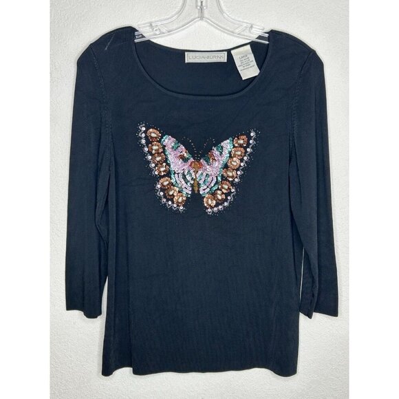 Lucia Burns Tops - Vintage Lucia Burns Top Womens Large Black Y2K Butterfly Fairy Stretch Beaded L